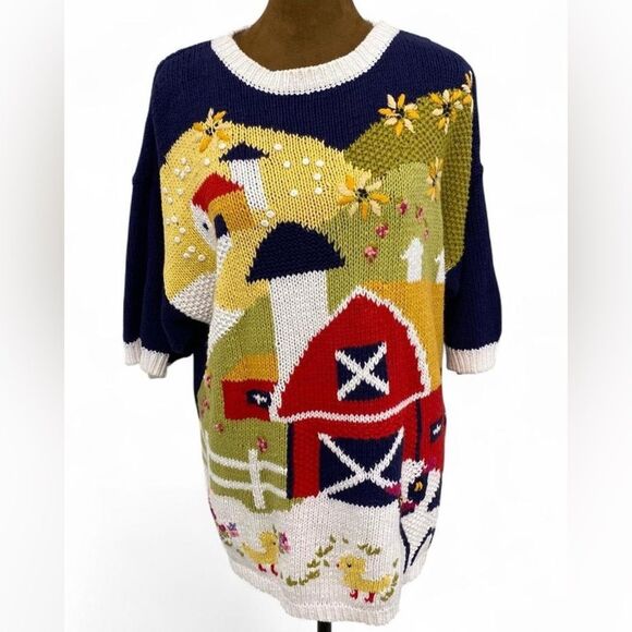 Cottagecore Novelty Vintage Farm Chunky Knit Cotton Blend Sweater - Picture 2 of 8